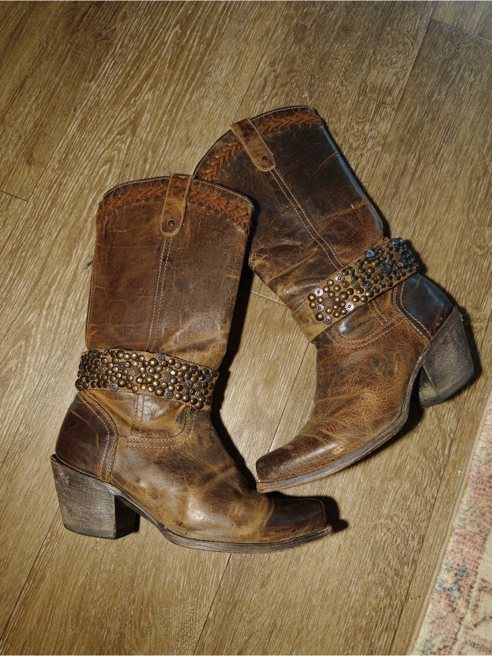 Studded Boho Brown Leather Western Boots - Women